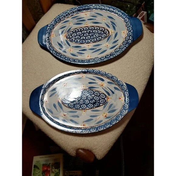 Temptations By Tara Blue Old World 12" & 13.5" Oval Serving Trays Lids - Picture 2 of 16